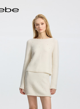 bebe冬季女士含羊毛仿珍珠装饰花边千金风高级套头针织上衣430525