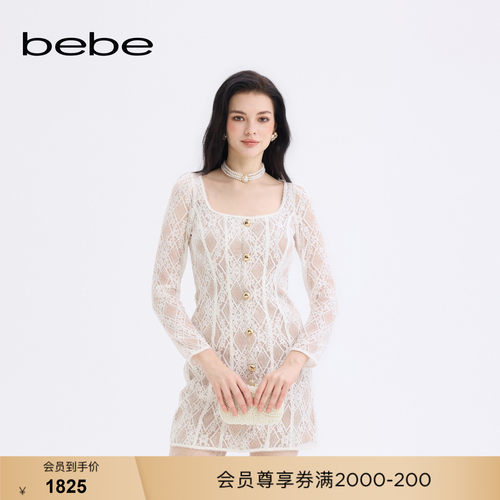 bebe女士千金风方领白色蕾丝收腰修身长袖连衣裙350006