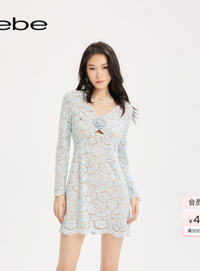 【明星同款】bebe2025秋季女士立体花朵装饰小镂空连衣裙350010