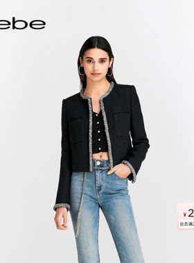 bebe秋季女士含羊毛圆领小香风织带夹克外套140316