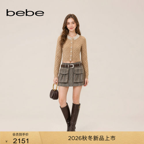 bebe2026冬季新款巴洛克风浮雕腰带羊毛混纺女士半裙420206