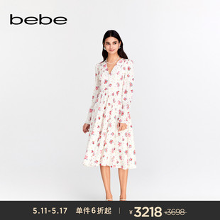 连衣裙150042 中长款 女士桑蚕丝碎花V领长袖 bebe2024春夏新款