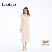 女士优雅千金风一字肩蕾丝修身 bebe2026春季 新款 连衣裙151006