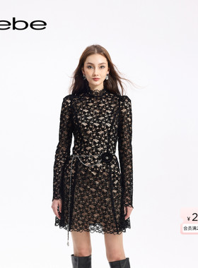 bebe秋季系列女士两件套链条花朵腰带蕾丝连衣裙350024