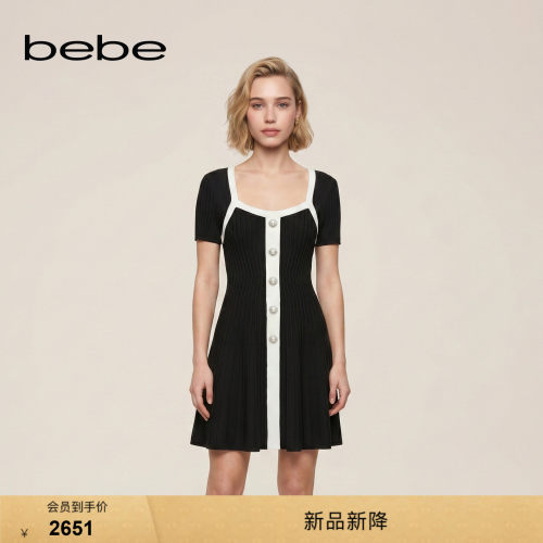 bebe2026秋季新款小香风方领撞色收腰针织连衣裙330905