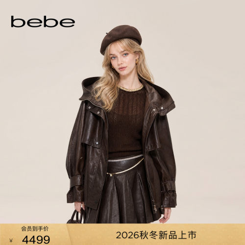 bebe2026冬季新款女士工装风抽绳连帽油蜡PU皮革夹棉皮衣401101