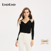 bebe2025秋季 针织上衣330502 气质长袖 新款 女士V领纯色露肩修身