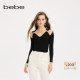 bebe2025秋季 针织上衣330502 气质长袖 新款 女士V领纯色露肩修身