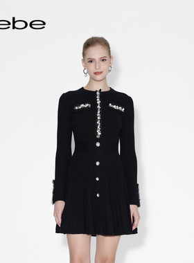 【爆款补单】bebe女士小香风圆领手工钉珠含羊毛针织连衣裙430912