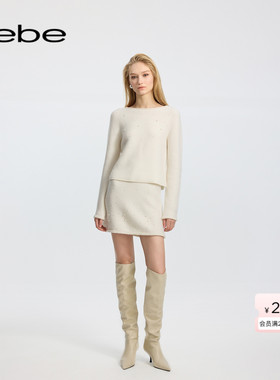 bebe冬季系列女士含羊毛烫仿钻装饰针织花边缀饰短款半身裙420214
