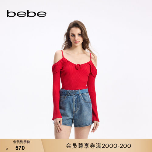 bebe秋季新款荷叶边针织上衣