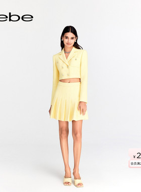 bebe春夏含羊毛女粗花呢小香风纯色肌理感短款百褶半身裙120204