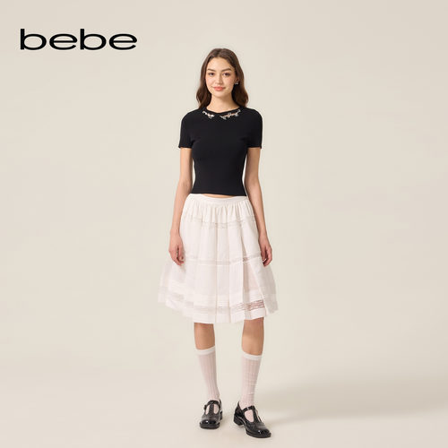 bebe2026夏季新款女士甜美风蕾丝拼接含亚麻大摆中长半裙220101