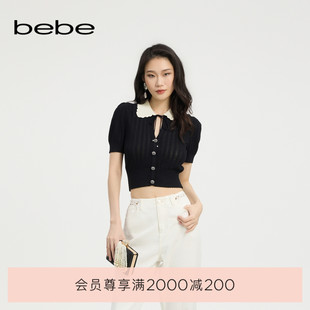 翻领针织上衣230406 bebe2025夏季 新款 女士花边系带短袖 泡泡袖