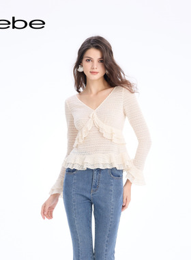 bebe2026春季新款女士V领袖口下摆荷叶边设计上衣180103