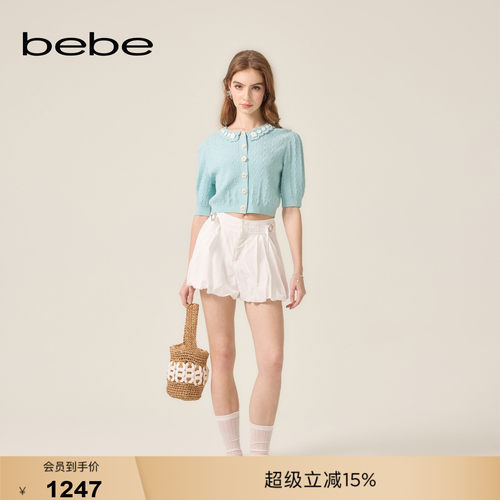 bebe2026夏季新款女士甜辣风桑蚕丝白色高腰花苞灯笼短裤211503