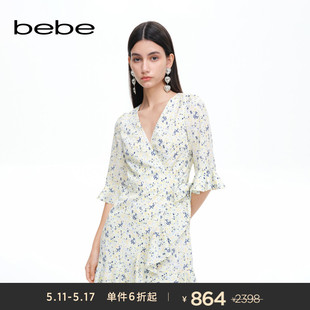 bebe夏季 系列女士茶歇裙荷叶边雪纺印花连衣裙250006