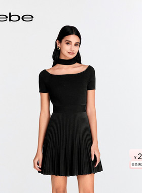bebe春夏系列女士气质挂脖修身纯色短款短袖针织连衣裙150036