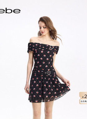 bebe秋季系列女士荷叶边一字肩印花连衣裙350006