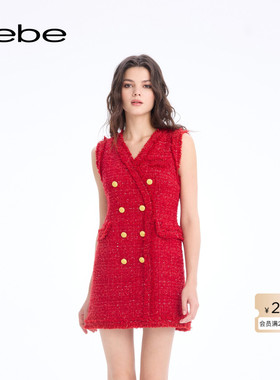bebe2026春季新款女士经典酒红色千金风无袖重工连衣裙150011