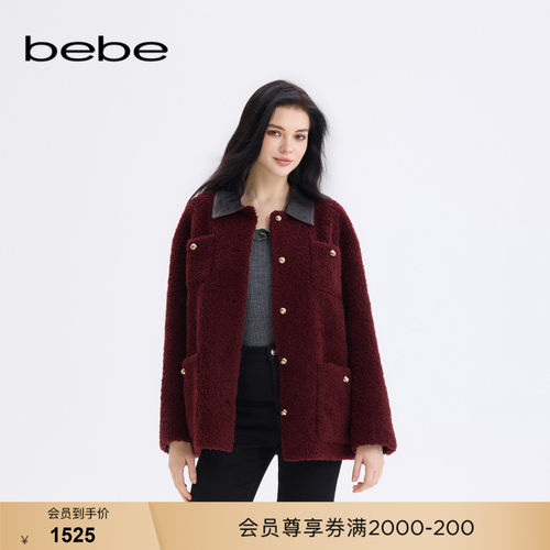 bebe女士摩登复古含绵羊毛羊毛质感仿皮草外套402118
