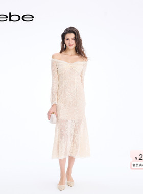 bebe2026早春新款女士优雅千金风一字肩修身蕾丝修身连衣裙151006