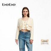 bebe夏季 系列女士粗花呢金属扣V领短款 夹克外套240302