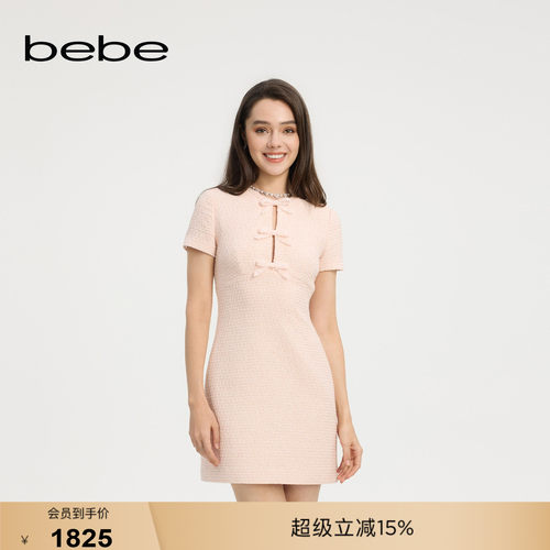 bebe夏季新款织带饰花呢连衣裙