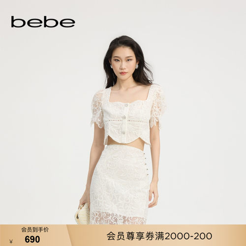 bebe夏季新款花边蕾丝梭织衫
