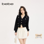 bebe2025秋季 330601 针织开衫 新款 女士黑色含羊毛深V领灯笼袖
