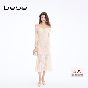 连衣裙151006 蕾丝修身 bebe2026早春新款 女士优雅千金风一字肩修身