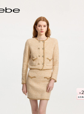 bebe冬季女士含羊毛千金玛德琳花边纽扣缀饰针织夹克开衫430522
