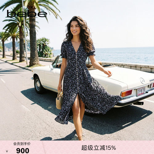 【博主同款】bebe2026夏季新款女士度假风碎花雪纺连衣裙250004