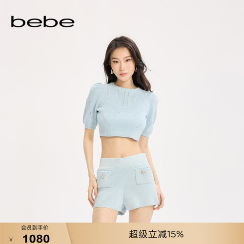 bebe女士小香风圆领泡泡袖收腰收口袖含棉针织衫330401