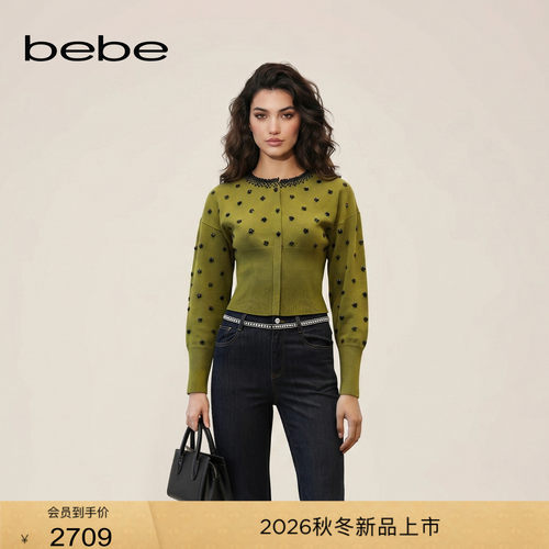 bebe2026秋季新款千金风罗纹手工钉珠丝光羊毛混纺针织开衫330610