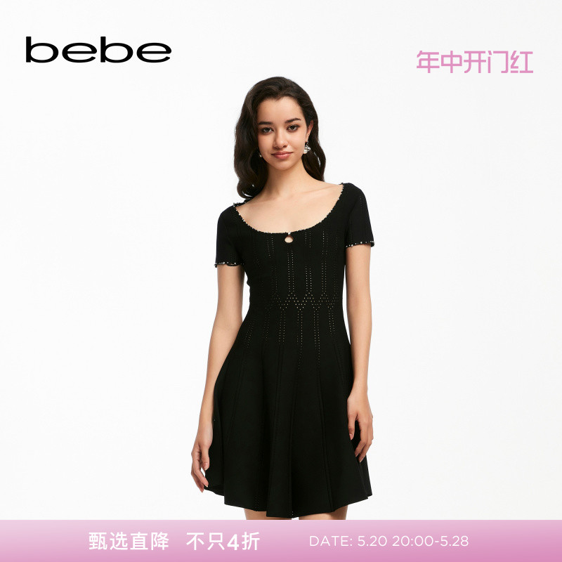 bebe2024春夏新款女士气质条纹手工钉珠纯色针织连衣裙130901