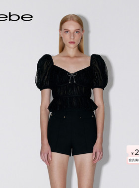 bebe春夏系列女士短款蝴蝶结泡泡袖雪纺衫上衣280302
