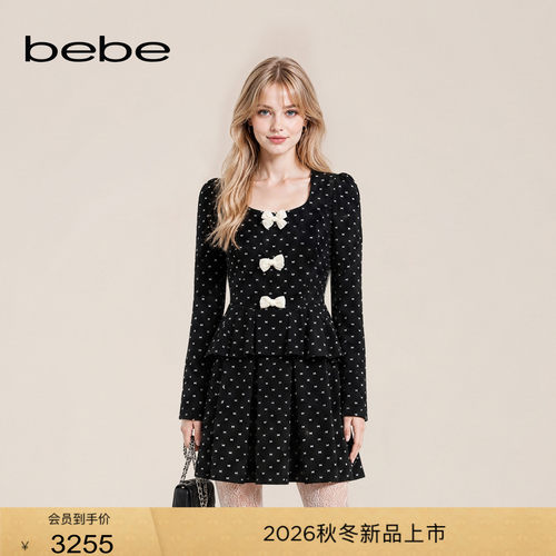 bebe2026冬季新款女士千金风细闪醋酸蝴蝶结波点梭织连衣裙450012