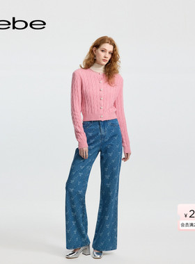 bebe冬季系列女士蝴蝶结装饰直筒版型斑马条纹牛仔裤411006