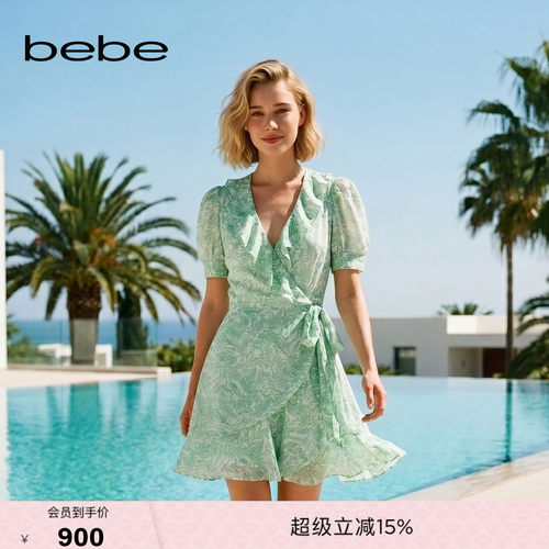 bebe女士度假风荷叶边碎花印花雪纺茶歇显瘦连衣裙350008