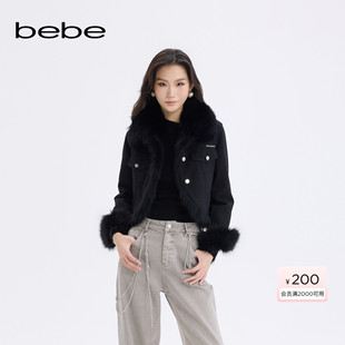 bebe2025秋冬新款女士牛仔领口拼接狐狸毛短款毛绒外套402114