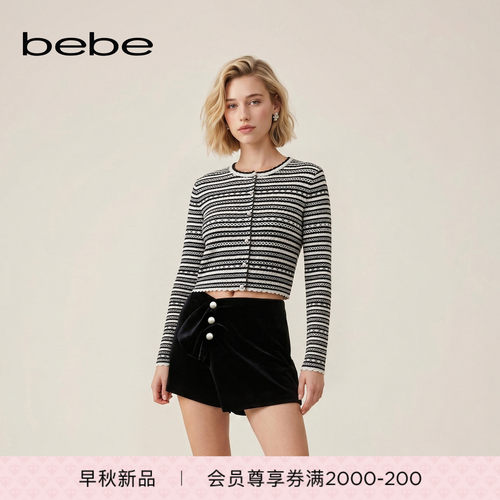 bebe2026秋季新款女士简约提花工艺包芯纱星月波浪条纹针织开衫