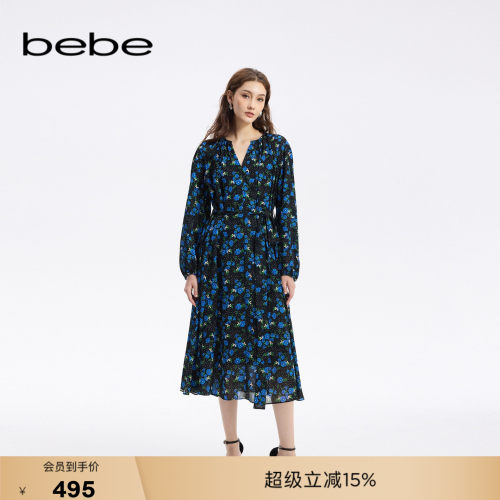 bebe秋季新款大裙摆印花连衣裙