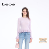 女士含羊毛褶皱花边设计花边袖 bebe2026春季 新款 针织上衣130504