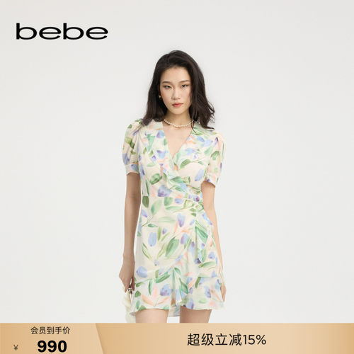bebe夏季新款印花雪纺连衣裙