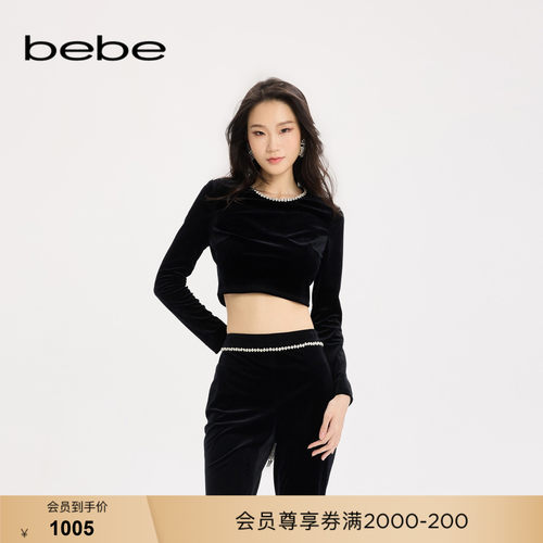 bebe女士小香风黑色圆领长袖露腰梭织上衣380102
