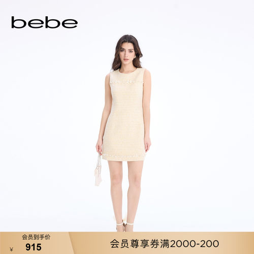 bebe2026春季新款女士含棉千金风重工无袖短款显瘦连衣裙150006