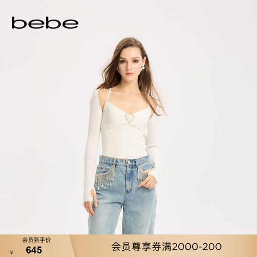 bebe女士外层短款加深V领吊带两件套针织上衣330501