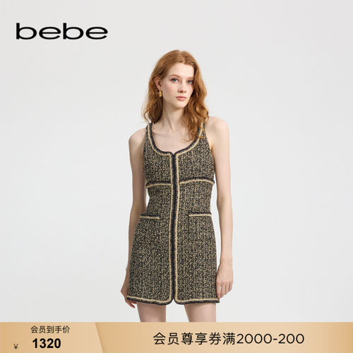 bebe冬季新款无袖花呢连衣裙