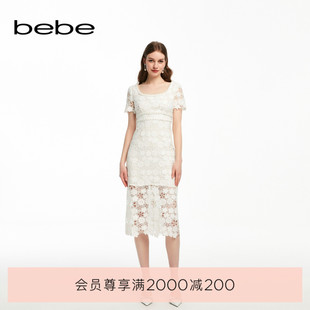 bebe夏季 连衣裙250029 系列气质优雅纯色圆领花边链条蕾丝长款